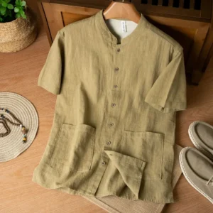 New Chinese Retro Stand Collar Ramie Short Sleeve Men's Loose Breathable Casual Chinese Style Thin Shirt