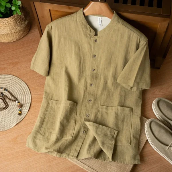 New Chinese Retro Stand Collar Ramie Short Sleeve Men's Loose Breathable Casual Chinese Style Thin Shirt