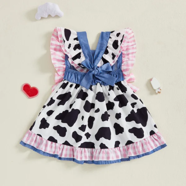 Girls A-line Dress, Sleeveless Plaid Embroidery Cow Patchwork Party Dress Bowknot Summer Dress – Bild 3