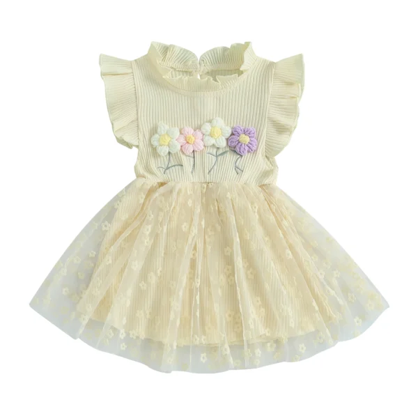 Toddler Girl Tulle Patchwork Dress Floral Print Flying Sleeve Mock Neck A-Line Dress for Summer – Bild 3