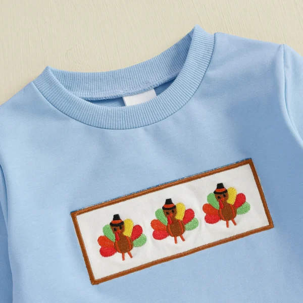 Toddler Boys Thanksgiving Outfits Turkey Embroidery Sweatshirts and Plaid Long Pants 2Pcs Clothes Set – Bild 4