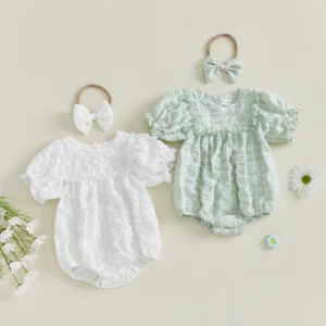 Baby Girl Summer Romper Solid Color Short Sleeve Jumpsuit with Cute Headband Set 2 Piece Clothes Outfits