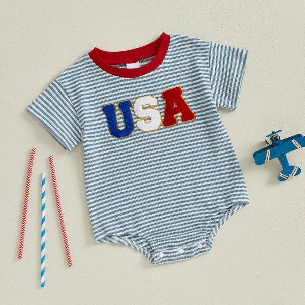 Independence Day Infant Baby Boy 4th of July Jumpsuit Short Sleeve Round Neck Letter Embroidery Striped Romper – Bild 4