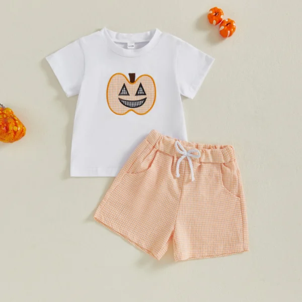 Baby Boys Halloween Outfits Pumpkin Pattern Short Sleeves T-Shirt and Elastic Plaid Shorts Set for 2 Piece Clothes Set – Bild 2