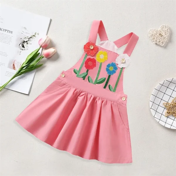 Kids Baby Toddler Girl Overall Dress Flower Embroidery Square Neck A-line Princess Dress with Pockets Cute Summer Clothes – Bild 2