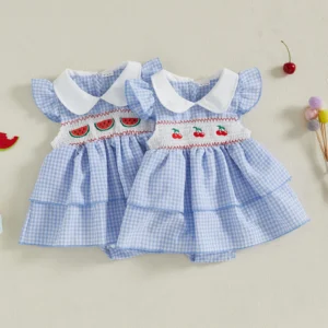 Baby Girl Plaid Romper Dress Watermelon/Cherry Embroidered Smocked Doll Collar Flying Sleeve Bodysuit Cute Summer Clothes