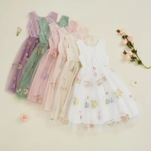 Kids Girl Tulle Dress Sleeveless Round Neck Floral Embroidery Dress Toddler Princess Dress Summer Clothes