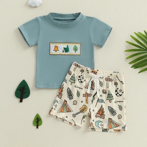 Summer Toddler Boys Outfits Camping Elements Embroidery Short Sleeve T-Shirts Elastic Waist Shorts 2Pcs Clothes Set – Bild 2