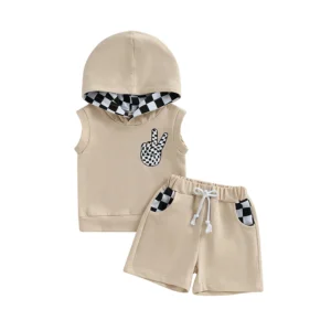 Summer Toddler Boys Shorts Sets Sleeveless Hooded Vest and Drawstring Plaids Shorts Clothes Sets