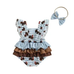 Newborn Girl Outfit, Fly Sleeve Stripes Turkey Print Romper with Bowknot Hairband Thanksgiving Clothes