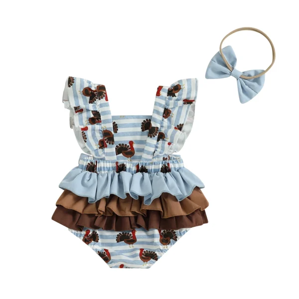 Newborn Girl Outfit, Fly Sleeve Stripes Turkey Print Romper with Bowknot Hairband Thanksgiving Clothes