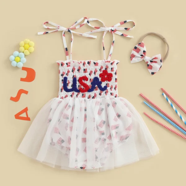 Baby Girl 4th of July Outfit American Flag Tie Shoulder Smocked Romper Dress Bow Headband 2 Piece Summer Set – Bild 3