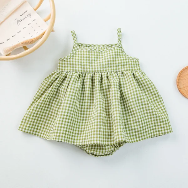 Infant Baby Girl Bodysuit Dress Plaid Pattern Sleeveless Spaghetti Straps Infant Jumpsuit for Summer – Bild 2