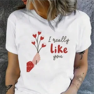 Valentine's Day Heart Print Crew Neck T-Shirt, Casual Short Sleeve Top For Women And Couples, Spring Summer Tee For Adult, Men,