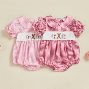 Infant Baby Girl Baseball Plaid Romper Smocked Doll Collar Short Sleeve Bodysuit Cute Summer Clothes