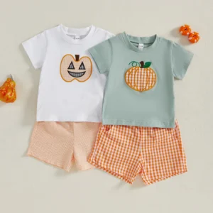 Baby Boys Halloween Outfits Pumpkin Pattern Short Sleeves T-Shirt and Elastic Plaid Shorts Set for 2 Piece Clothes Set