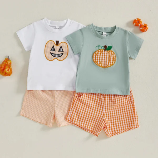 Baby Boys Halloween Outfits Pumpkin Pattern Short Sleeves T-Shirt and Elastic Plaid Shorts Set for 2 Piece Clothes Set