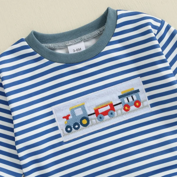 Toddler Baby Boy Fall Winter Outfit Striped Truck Embroidered Long Sleeve Sweatshirt Elastic Waist Pants 2 Piece Set – Bild 5