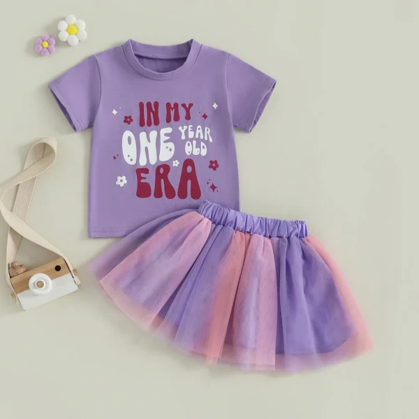 Kids Girls Birthday Outfits Letter Print Short Sleeve T-Shirt and Elastic Colorful Tulle Skirt Set Toddler Clothes – Bild 3