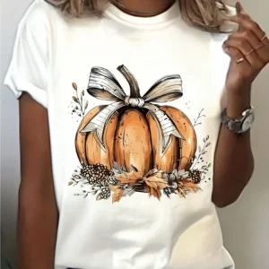 Women's Casual Pumpkin Print T-Shirt with Bow Detail - Crew Neck, Short Sleeve, Breathable - Perfect for Spring & Summer