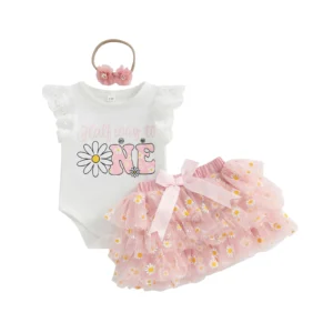 Baby Girl Daisy Birthday Outfit Letter Short Sleeve Romper Layered Ruffle Tulle Skirt Flower Headband 3 Piece Set
