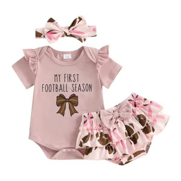 Baby Girl Summer Outfits Letter Bow Print Round Neck Short Sleeve Romper Elastic Waist Shorts Headband 3Pcs Clothes Set