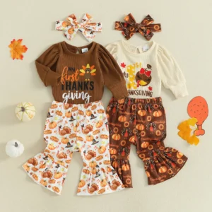 Baby Girl Thanksgiving Outfits Turkey Letter Print Crew Neck Long Sleeve Romper Flare Pants Headband 3Pcs Clothes Set