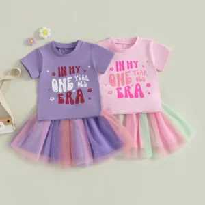Kids Girls Birthday Outfits Letter Print Short Sleeve T-Shirt and Elastic Colorful Tulle Skirt Set Toddler Clothes