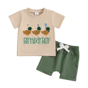 Summer Toddler Baby Boy Birthday Outfits Short Sleeve Duck Embroidery T-Shirt + Shorts Set Toddler Clothes