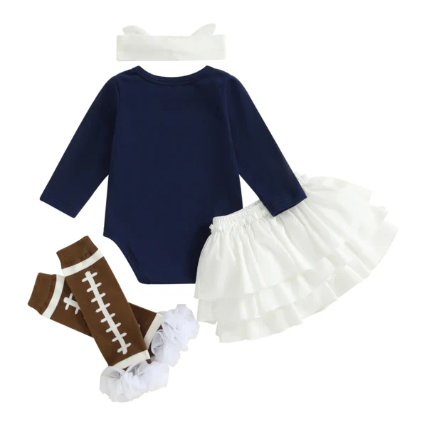 Baby Girls Cute Fall Outfit Rugby Letter Print Romper and Layered Skirt Headband Stocking 4 Piece Clothes – Bild 2