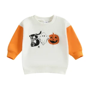 Little Boys Halloween Sweatshirts Long Sleeve Round Neck Bat Spider Ghost Pumpkin Print Pullover