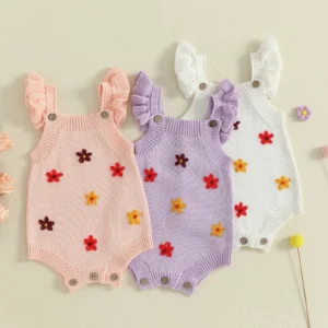 Baby Girls Spring Summer Knit Jumpsuits Flying Sleeve Flower Embroidery Overalls