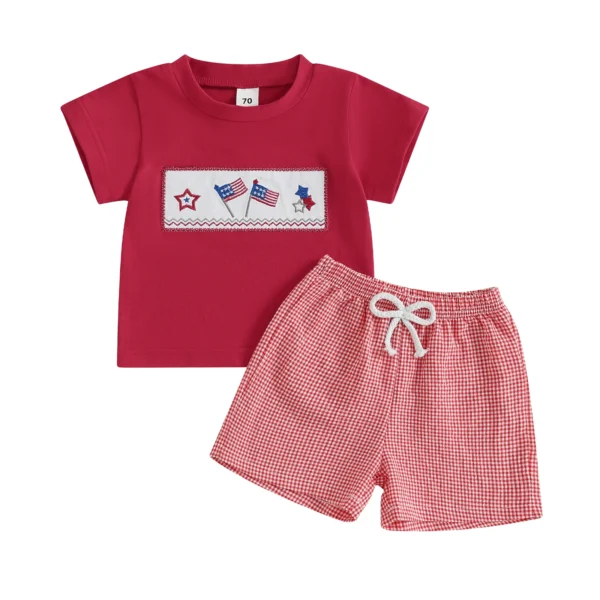 Toddler Baby Boy 4th of July Outfit Popsicle American Flag Embroidered Short Sleeve Tshirts Plaid Shorts 2 Piece Summer Set – Bild 4