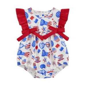 Infant Baby Girls Rompers Independence Day Clothes Ice Cream Cake Print Fly Sleeve Summer Bodysuits Jumpsuits