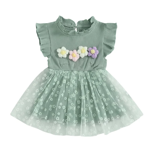 Toddler Girl Tulle Patchwork Dress Floral Print Flying Sleeve Mock Neck A-Line Dress for Summer – Bild 4
