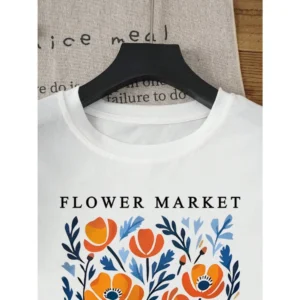 Floral Print Round Neck T-Shirt Women's Comfortable Casual Top Alphabet Design Flower Market Theme，Loose And Comfortable