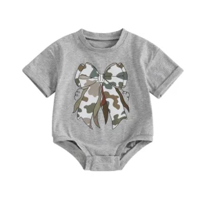 Infant Baby Girl Romper for Summer Loose Fit Bow Pattern Crew Neck Short Sleeve Infant Jumpsuit