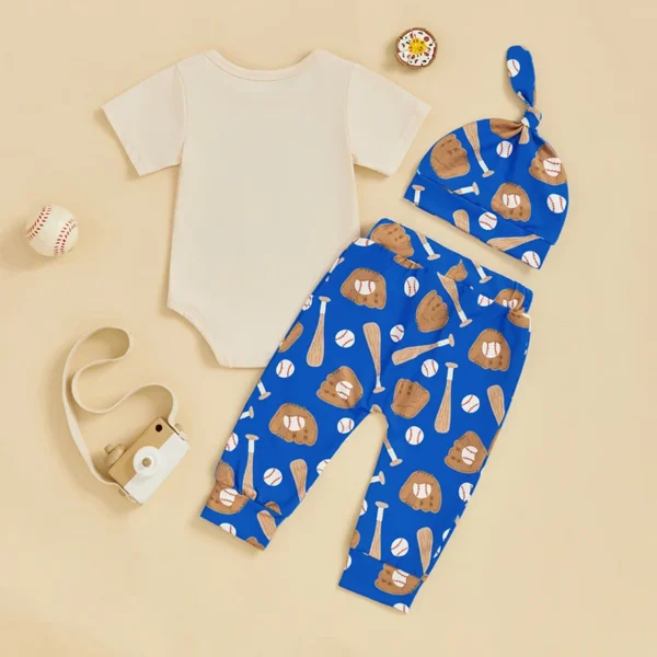 Infant Baby Boy Baseball Outfit Letter Short Sleeve Romper Baseball Pants Knotted Hat 3 Pcs Summer Set – Bild 3