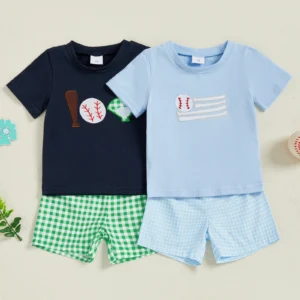 Baby Boys Summer Outfits Baseball Embroidery Short Sleeves T-Shirt and Elastic Plaid Shorts Set for 2 Piece Clothes