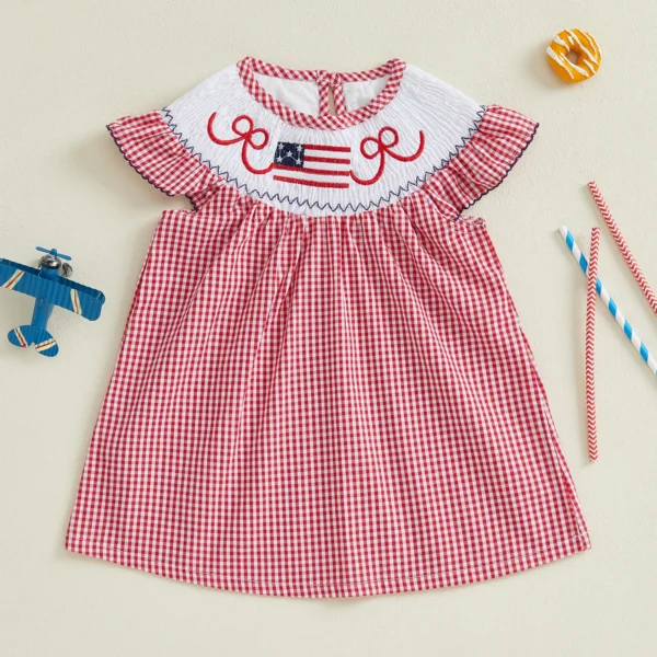 Independence Day Toddler Girls Patriotic Dress Casual Bow Flag Embroidery Fly Sleeves A-Line Dress for Beach Party Cute Clothes – Bild 2