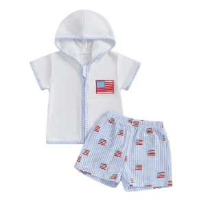 Baby Boy 4th of July Outfits Short Sleeve Zip Up Hooded Tops + Shorts Set Toddler Clothes