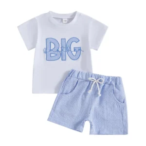 Baby Boys Summer Outfits Letter Embroidery Short Sleeves T-Shirt and Elastic Striped Shorts Set