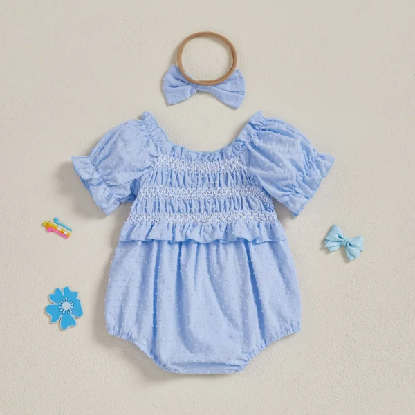 Baby Girls Summer Romper Short Sleeve Off Shoulder Ruched Jumpsuit with Headband – Bild 3