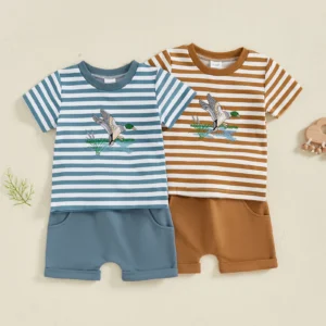 Summer Baby Toddler Boy Shorts Set Duck Embroidery Striped Short Sleeve T-shirts Solid Color Elastic Waist Shorts 2Pcs Outfit