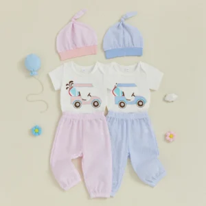 Infant Baby Boys Girls Summer Outfits Golf Cart Print Short Sleeve Romper with Stripe Pants and Hat 3 Pcs Set