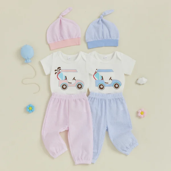 Infant Baby Boys Girls Summer Outfits Golf Cart Print Short Sleeve Romper with Stripe Pants and Hat 3 Pcs Set