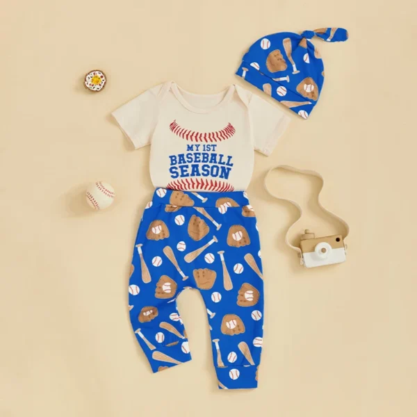 Infant Baby Boy Baseball Outfit Letter Short Sleeve Romper Baseball Pants Knotted Hat 3 Pcs Summer Set – Bild 4