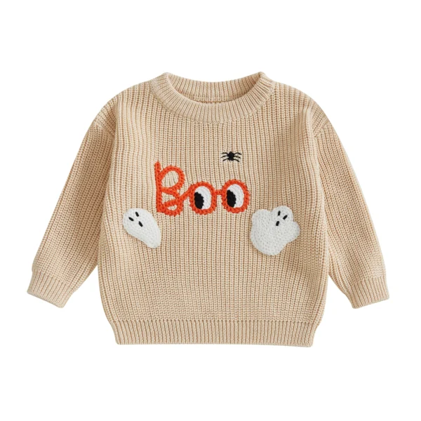 Baby Halloween Sweater Letter Ghost Embroidery Ribbed Crew Neck Long Sleeve Knitted Tops for Fall – Bild 2