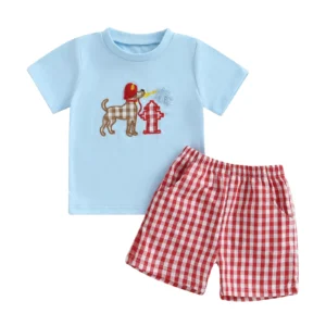 Baby Girls Shorts Set, Short Sleeve Embroidery Dog T-shirt with Plaid Shorts Summer 2-piece Outfit