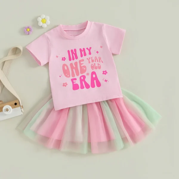 Kids Girls Birthday Outfits Letter Print Short Sleeve T-Shirt and Elastic Colorful Tulle Skirt Set Toddler Clothes – Bild 2